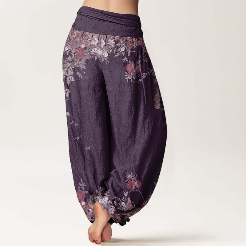Casual Red Peony Flower Vine Design Women's Elastic Waist Harem Pants
