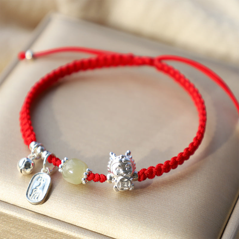 Handmade Year Of The Dragon 999 Sterling Silver Hetian Jade Copper Coin Peace And Joy Protection Bracelet