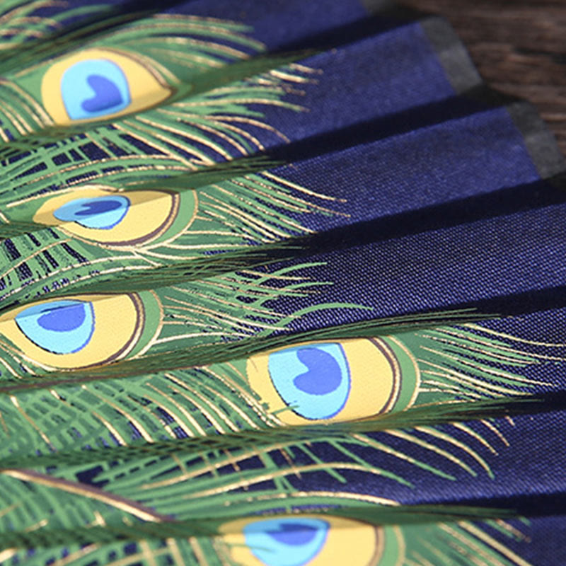 Peacock Feather Handheld Bamboo Folding Fan 21.5cm