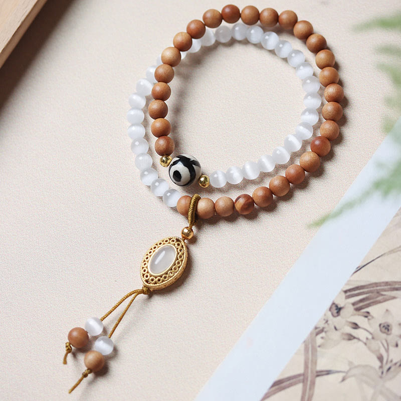Sandalwood Cat's Eye Three-eyed Dzi Bead Crystal Protectioin Bracelet