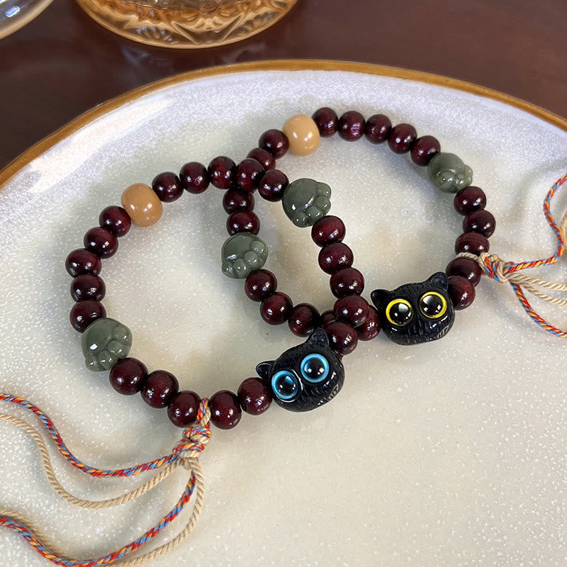 Ebony Wood Lovely Cat Jade Paw Peace Tassel Wood Bracelet