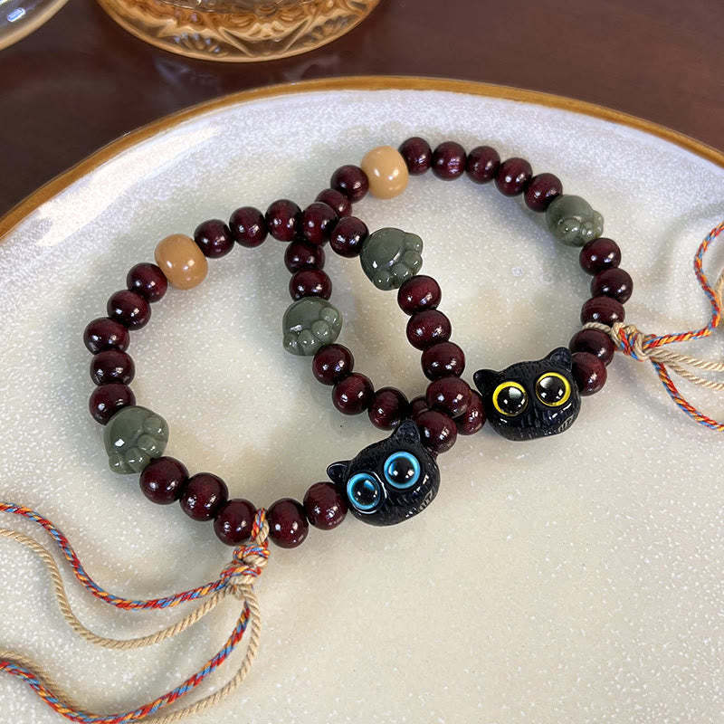 Ebony Wood Lovely Cat Jade Paw Peace Tassel Wood Bracelet