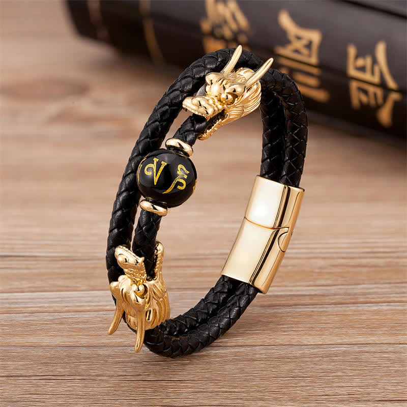 Double Dragon Head Leather Stone Titanium Steel Success Bracelet (Extra 35% Off | USE CODE: FS35)