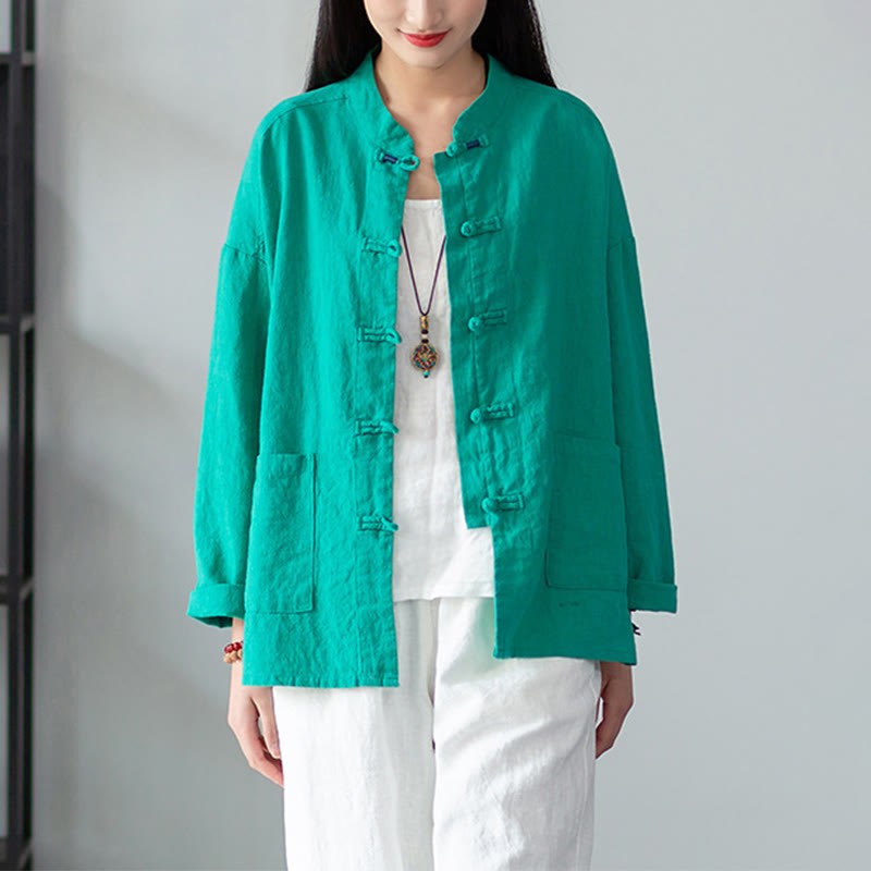 Solid Color Frog-button Long Sleeve Linen Women's Shirts With Pockets