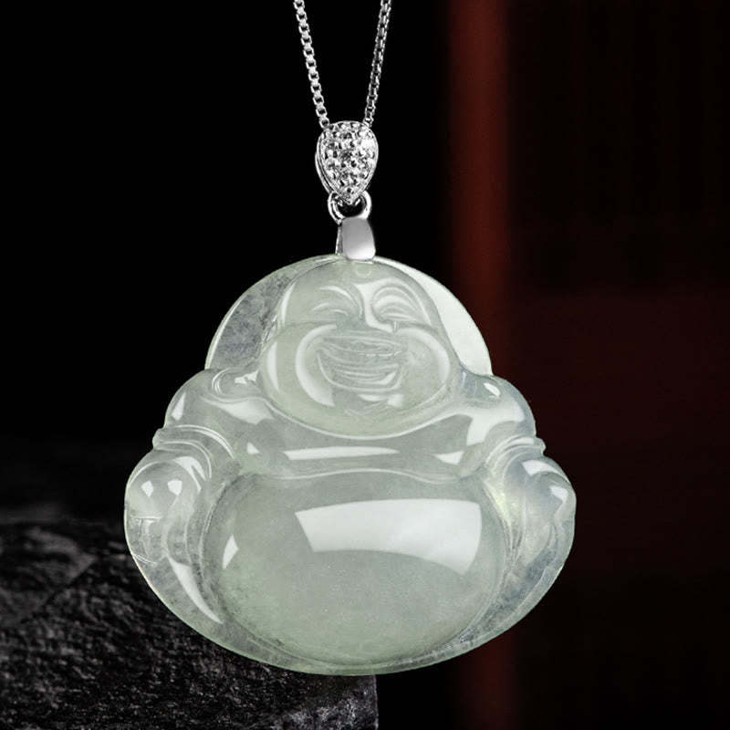 925 Sterling Silver Natural Jade Laughing mystic zen Prosperity Abundance Chain Necklace Pendant