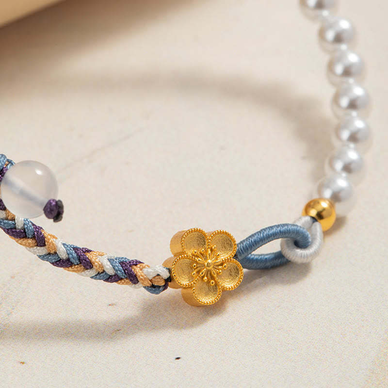 925 Sterling Silver Peach Blossom Pearl Chalcedony Healing Rope Bracelet