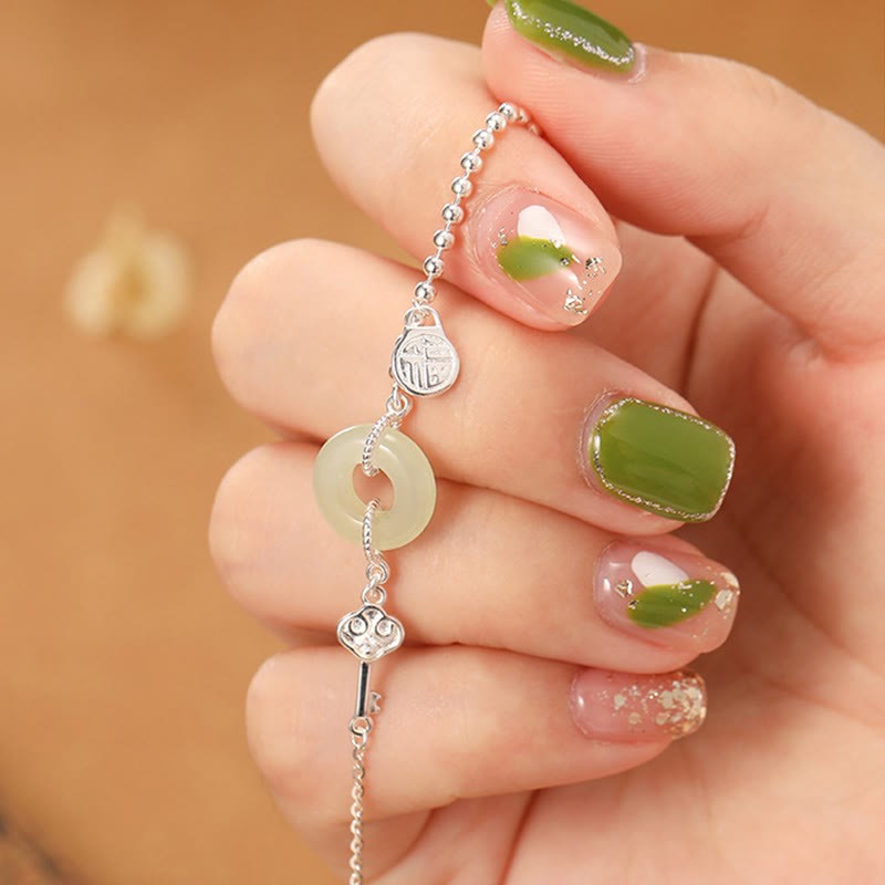 925 Sterling Silver Hetian Jade Peace Buckle Fu Character Luck Chain Bracelet