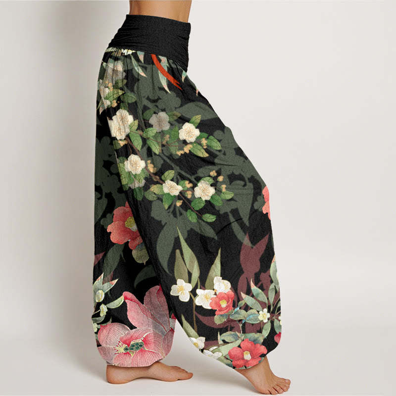 Vibrant Blooming Lotus Flower Lush Branches Women's Elastic Waist Harem Pants