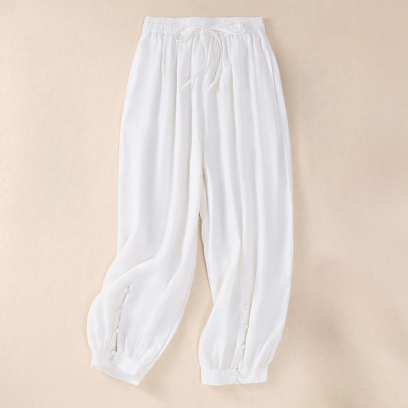 Pure Color Drawstring Frog-Button Cotton Linen Women's Harem Pants With Pockets