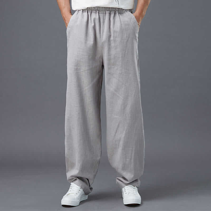 Plain Color Elastic Waist Ramie Linen Men's Pants With Pockets