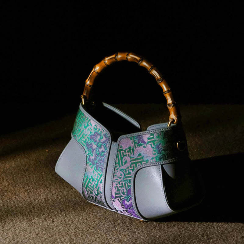 Retro Peony Branches Bamboo Handle Song Brocade Xiangyunsha Silk Crossbody Bag Hangbags
