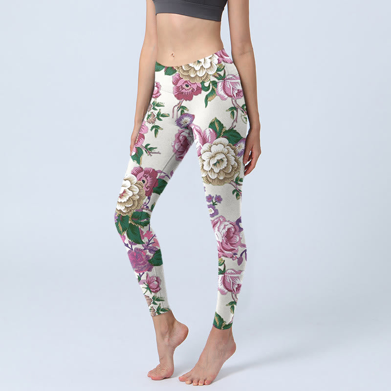 Red White Peony Flower Print Sports Leggings Women's Yoga Pants