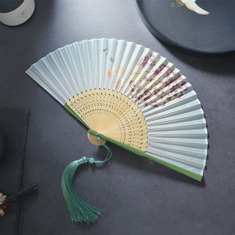 Gardenia Cherry Blossom Moon Handheld Polyester Bamboo Folding Fan 21cm