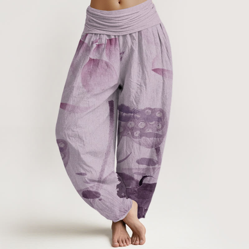 Ink Lotus Flowers Leaves Koi Fish Pattern Women's Elastic Waist Harem Pants
