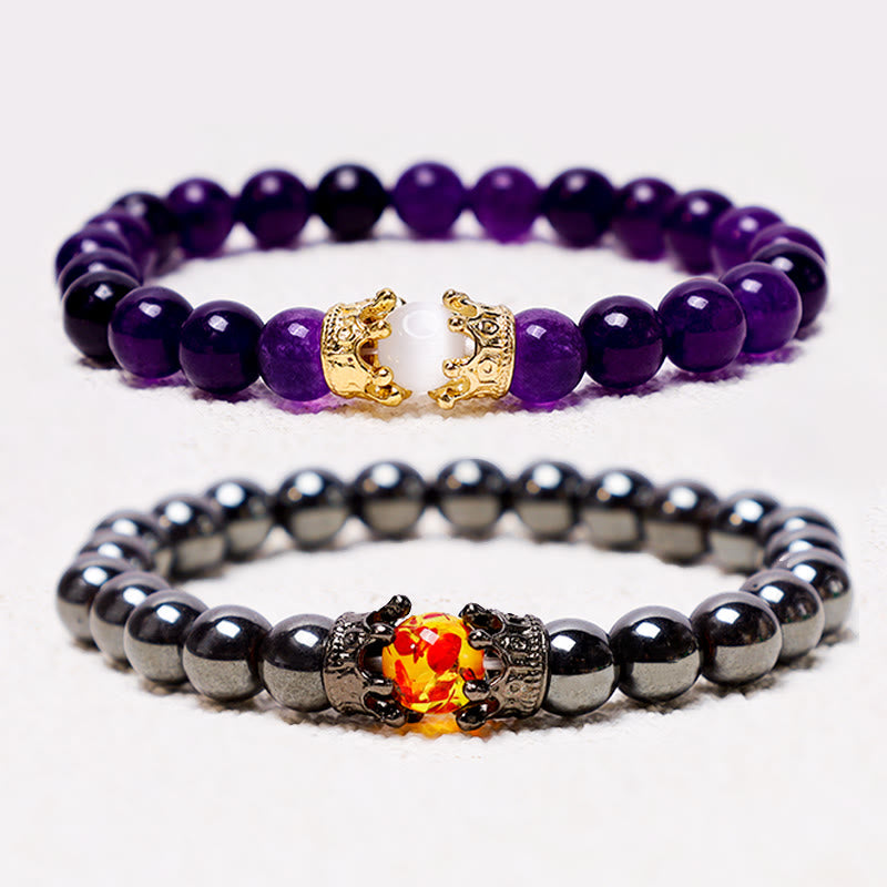 Natural Stone King&Queen Crown Healing Energy Beads Couple Bracelet