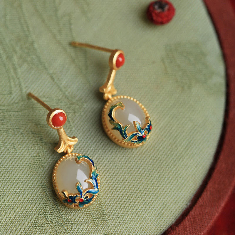 Vintage Jade Red Agate Abundance Copper Drop Earrings