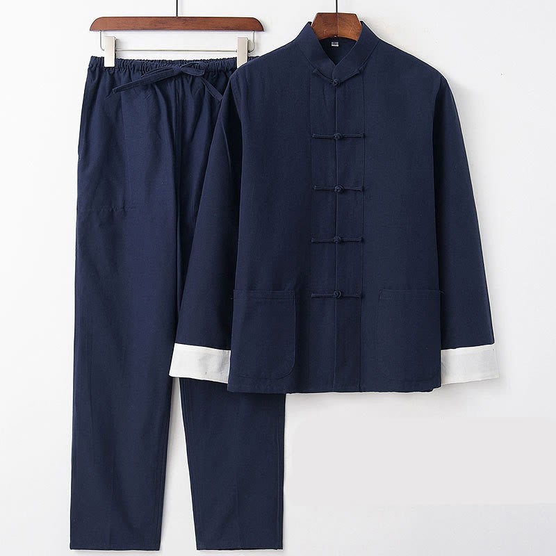 2Pcs Fall Men's Tang Suit Frog-Button Cotton Long Sleeve Shirt Pants Set