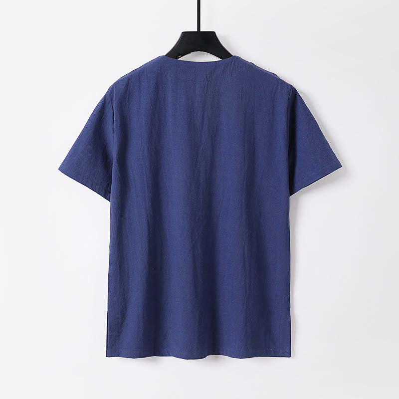 Casual Plain Color Short Sleeve One Frog Button Cotton Linen Men's Shirt