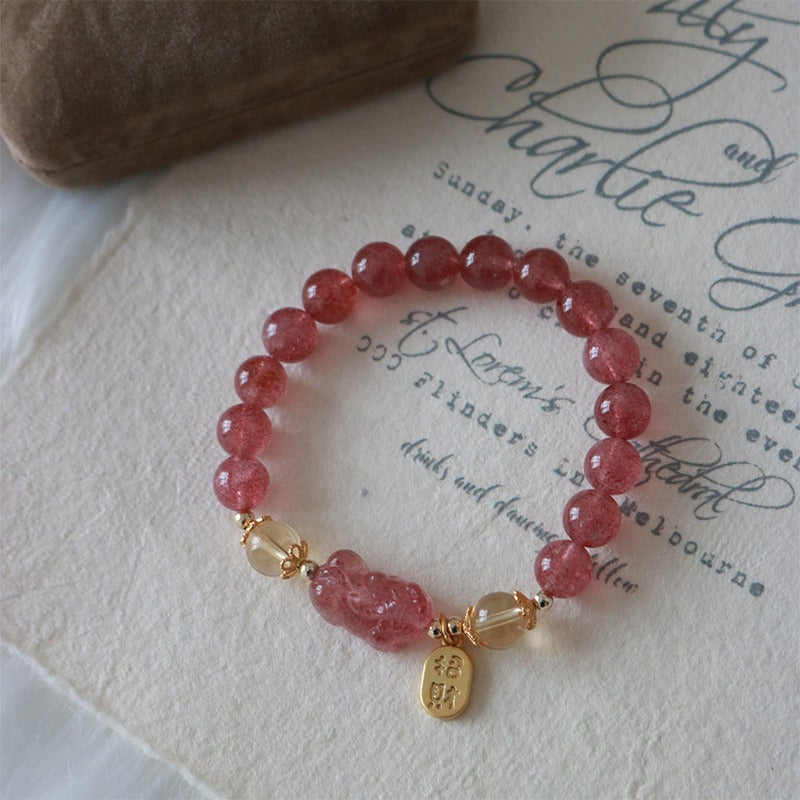Natural Strawberry Quartz Peach Blossom PiXiu Attract Fortune Healing Bracelet