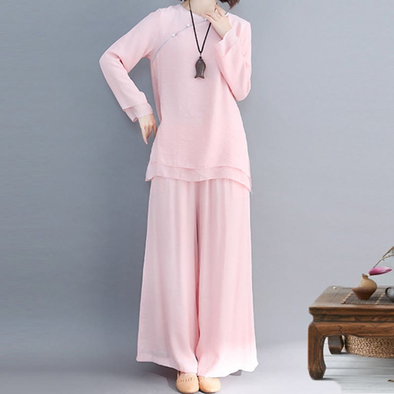 2Pcs Three Quarter Sleeve Long Sleeve Shirt Wide Leg Pants Meditation Cotton Linen Clothing Women's Set