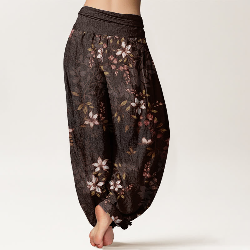 Small White Blossoms Green Leaves Women's Elastic Waist Harem Pants
