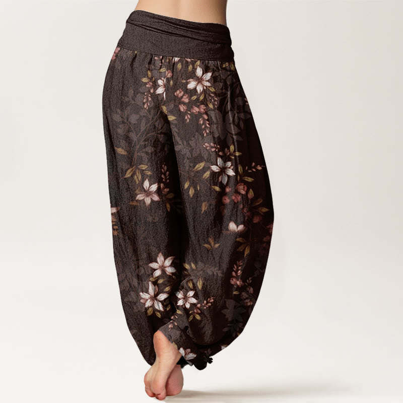 Small White Blossoms Green Leaves Women's Elastic Waist Harem Pants