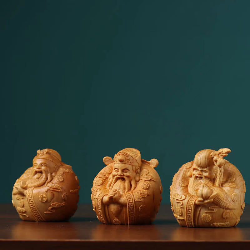 Handcrafted FengShui Mini Three Stars Tsai Shen Thuja Sutchuenensis Wood Prosperity Decoration