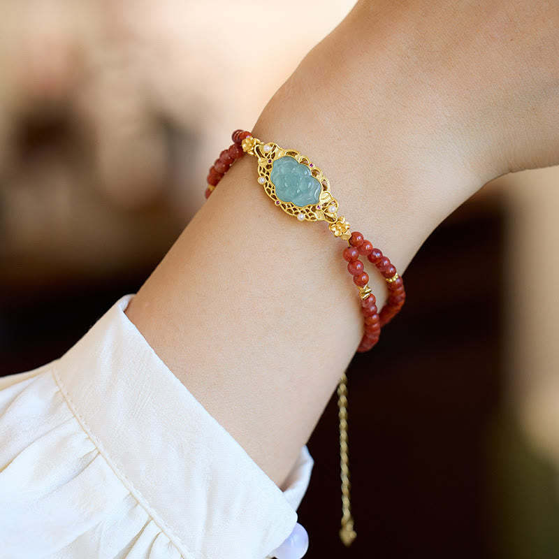 925 Sterling Silver Plated Gold Natural Red Agate Lotus Jade Calm Double Layer Bracelet