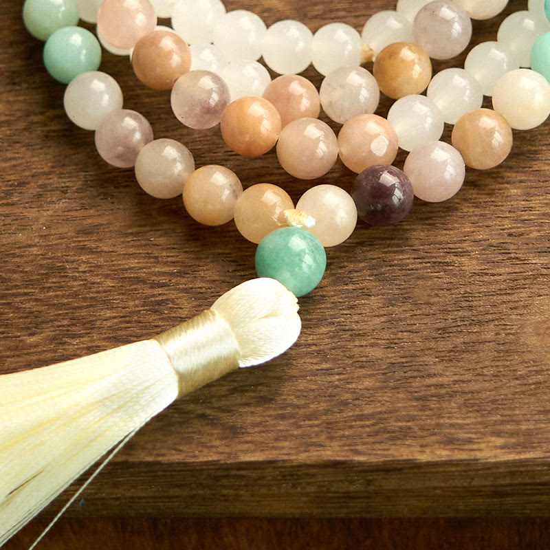 108 Mala Beads Natural White Jade Amazonite White Tassel Healing Bracelet