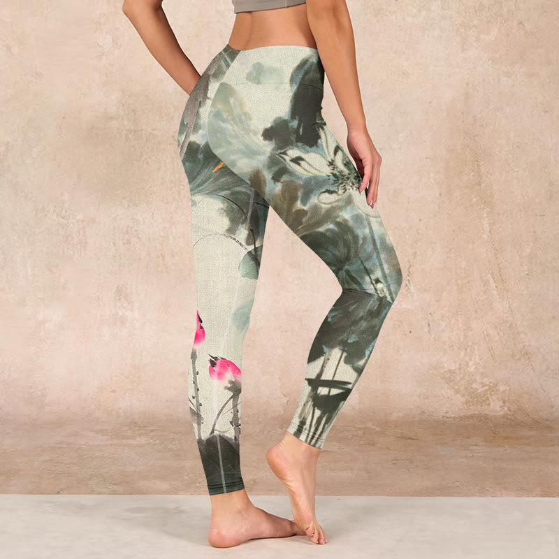 Lotus Bamboo Leaves Print Gym Leggings Women's Yoga Pants