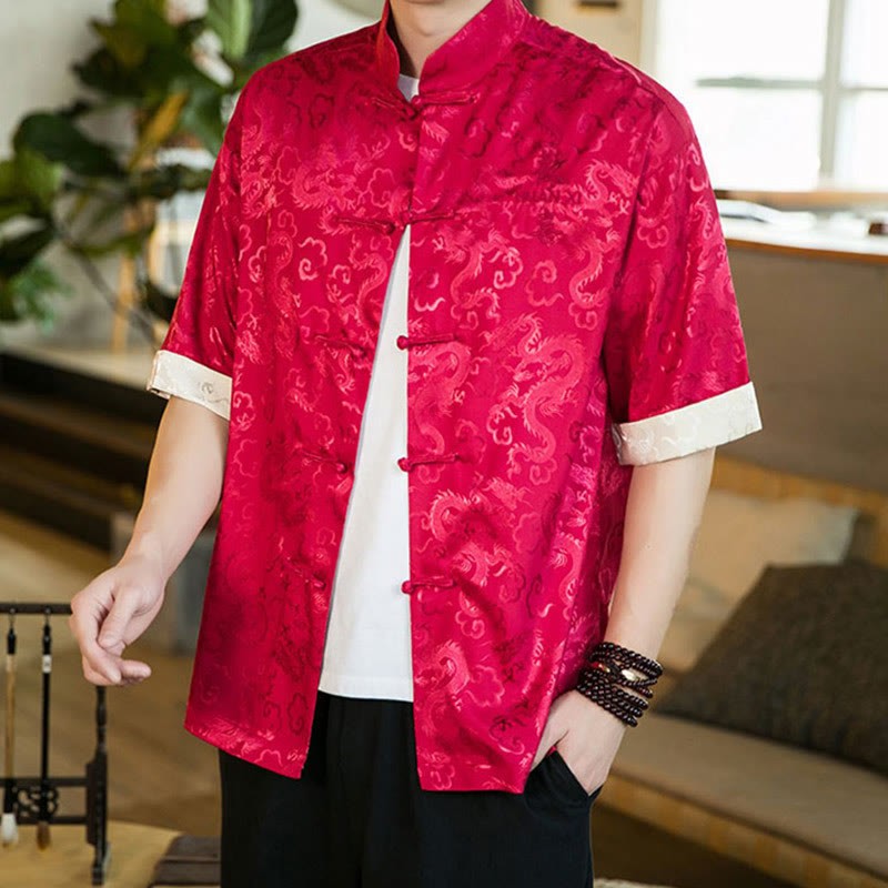 Chinese Tang Suit Frog-button Dragon Print Men's Half Sleeve Shirts