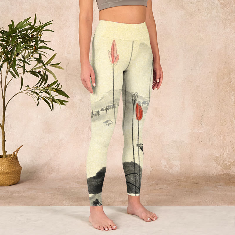 Lotus Mountains House Print Gym Leggings Women's Yoga Pants