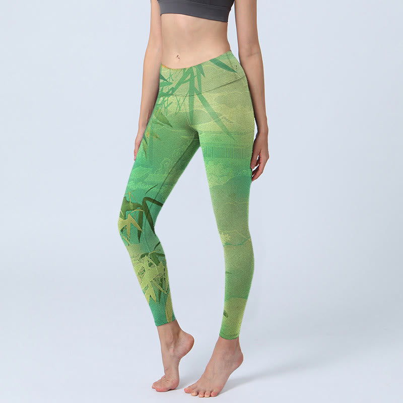 Green Bamboo Pavilion Print Gym Leggings Women's Yoga Pants