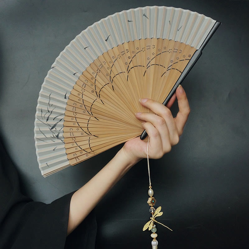 Dragonfly Hollow Polyester Handheld Bamboo Folding Fan