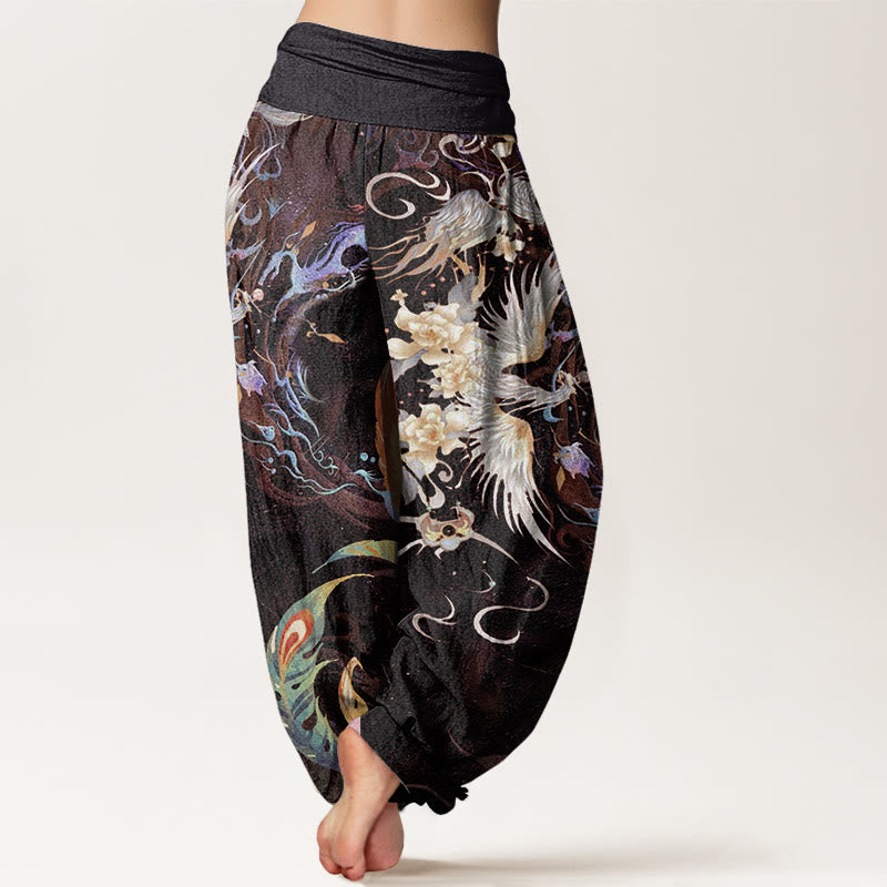 Phoenix Flower Pattern Women's Elastic Waist Harem Pants