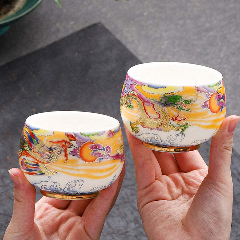 Dragon Phoenix Auspicious Clouds Sun Ocean Waves Ceramic Teacup Kung Fu Tea Cup