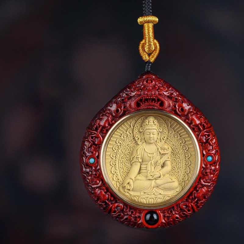Chinese Zodiac Avalokitesvara Small Leaf Red Sandalwood Ebony Longevity Necklace Pendant