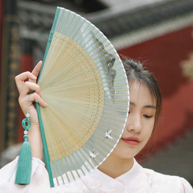 Retro Mountain River Crane Silk Handheld Bamboo Folding Fan