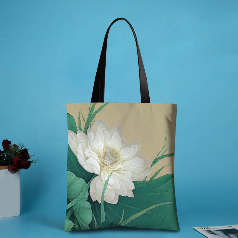 Handmade Canvas Ink Lotus Koi Fish Shoulder Bag Shopping Bag