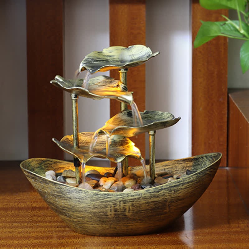 Lotus Leaf Shaped Waterfall Fountain Tabletop Ornaments With LED Light Home Office Desktop Decoration
