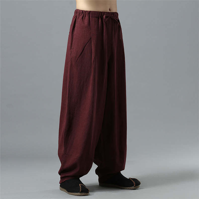 Casual Solid Color Drawstring Cotton Linen Men's Pants With Pockets