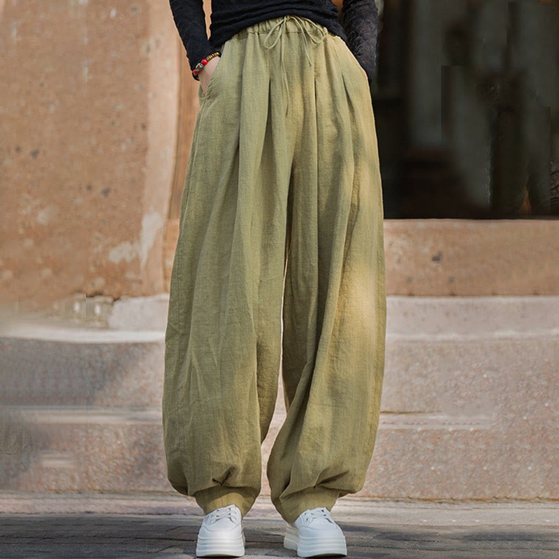 Casual Plain Loose Waist Tie Rope Women's Ramie Cotton Pants With Pockets