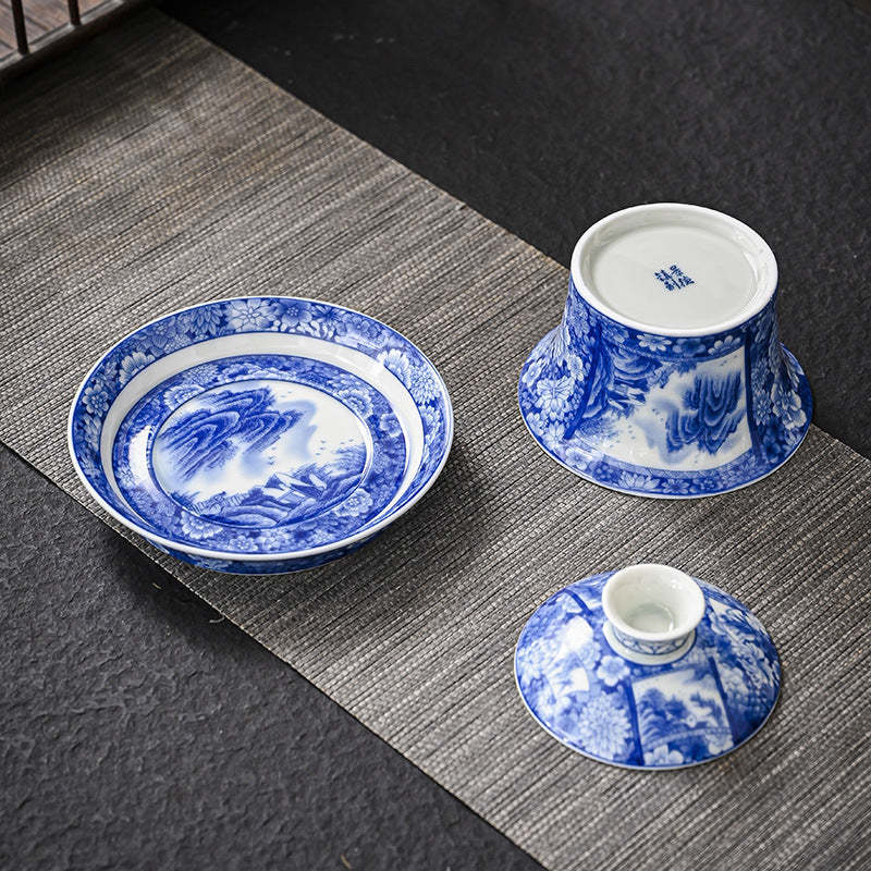 Jingdezhen Dragon Phoenix Pavilion Pine Flower Ceramic Gaiwan Sancai Teacup Kung Fu Tea Cup And Saucer With Lid 170ml