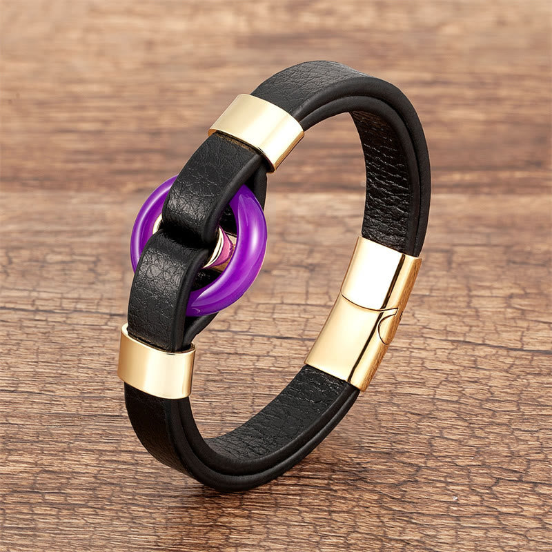 Round Green Aventurine Black Onyx Hematite Agate Rose Quartz Stone Balance Leather Magnetic Buckle Bracelet