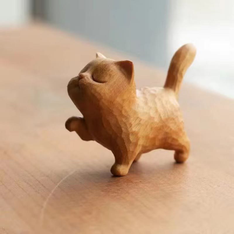 Mini Thuja Sutchuenensis Boxwood Cute Cat Kitten Carved Prosperity Decoration