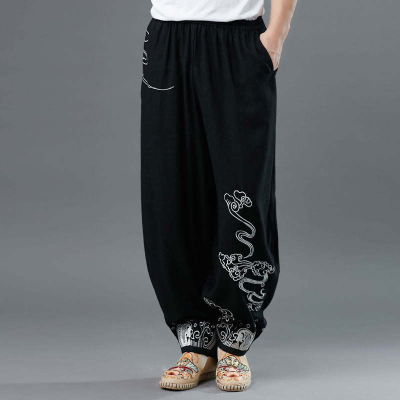 Clouds Elastic Waist Ethnic Cotton Men's Pants With Pockets