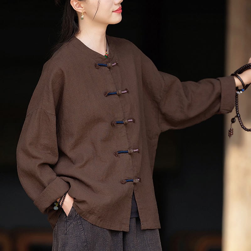 Solid Color Two-color Frog-button Long Sleeve Ramie Linen Women's Shirt