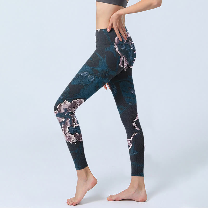 SteelBlue Silver Flowers Print Exercise Leggings Women's Yoga Pants
