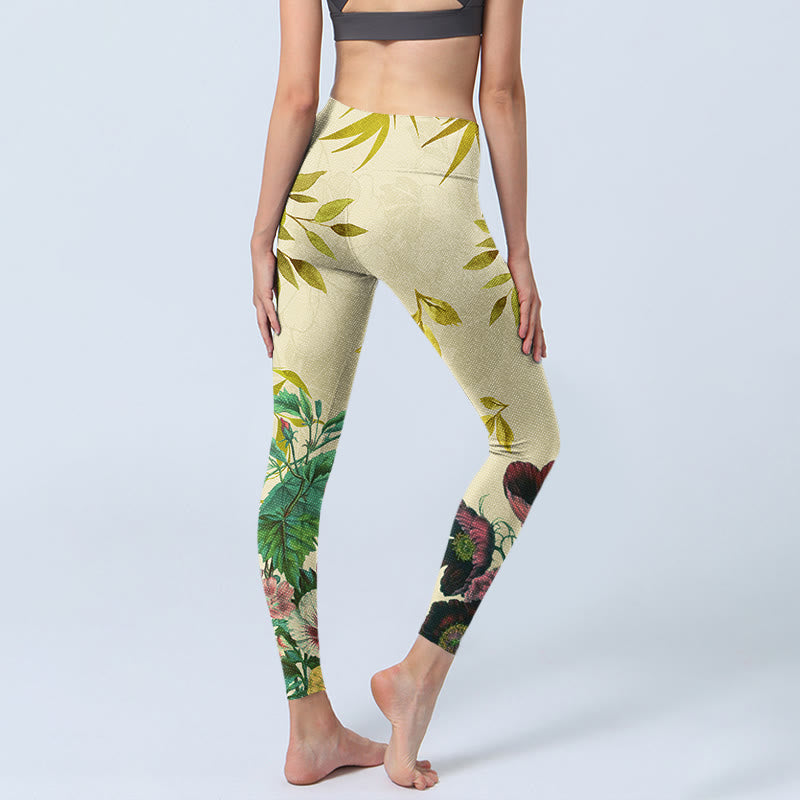Golden Green Leaves Colorful Flowers Gym Leggings Women's Yoga Pants