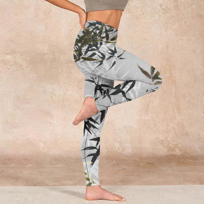 Dark Gray Bamboo Leaves Print Gym Leggings Women's Yoga Pants